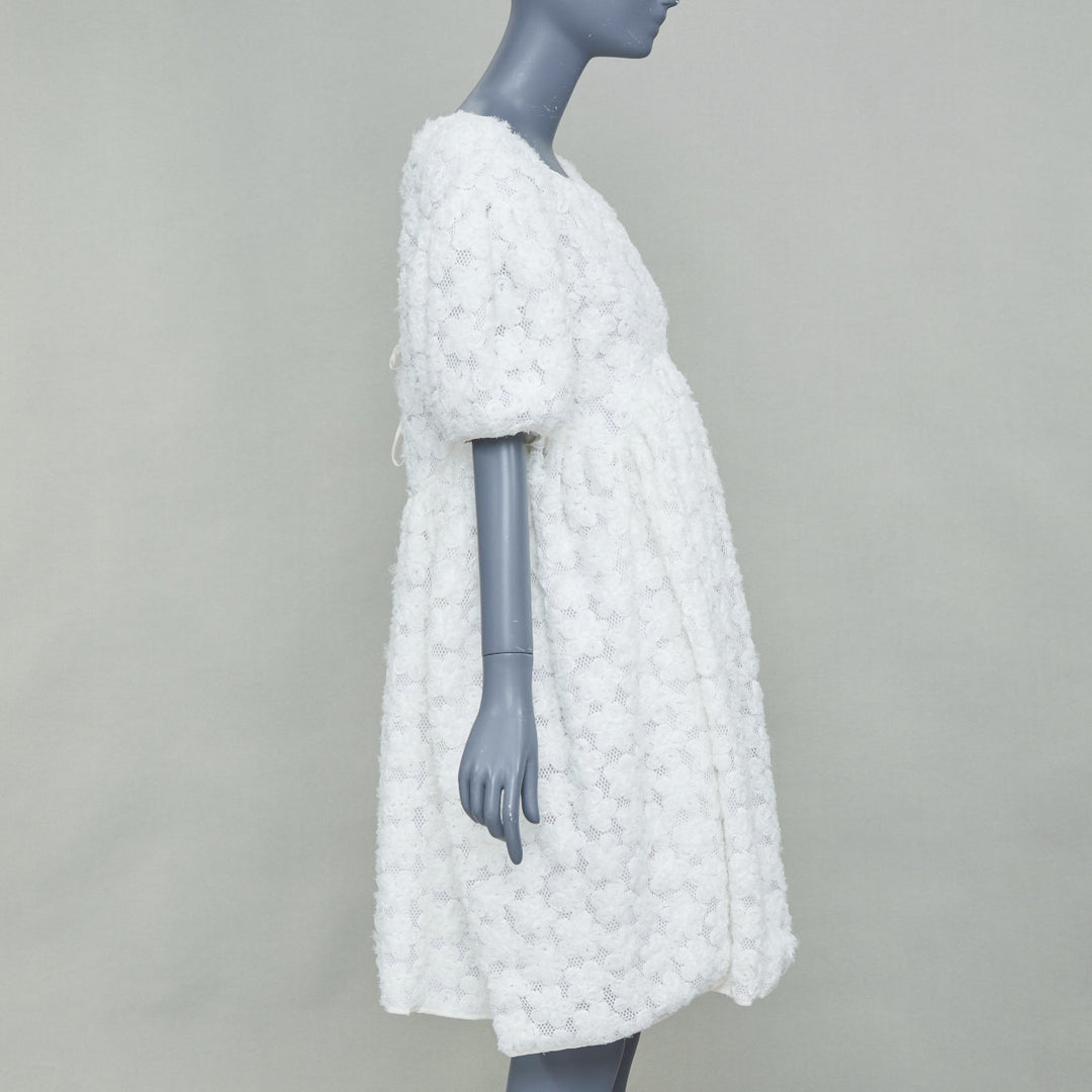 CECILIE BAHNSEN white textured floral puffy short sleeve babydoll dress UK8 S