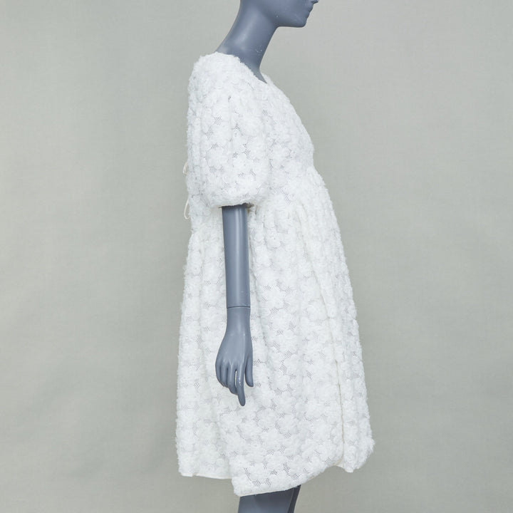 CECILIE BAHNSEN white textured floral puffy short sleeve babydoll dress UK8 S