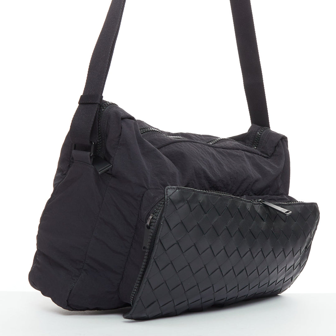 BOTTEGA VENETA Intrecciato Foldable black nylon woven leather messenger bag