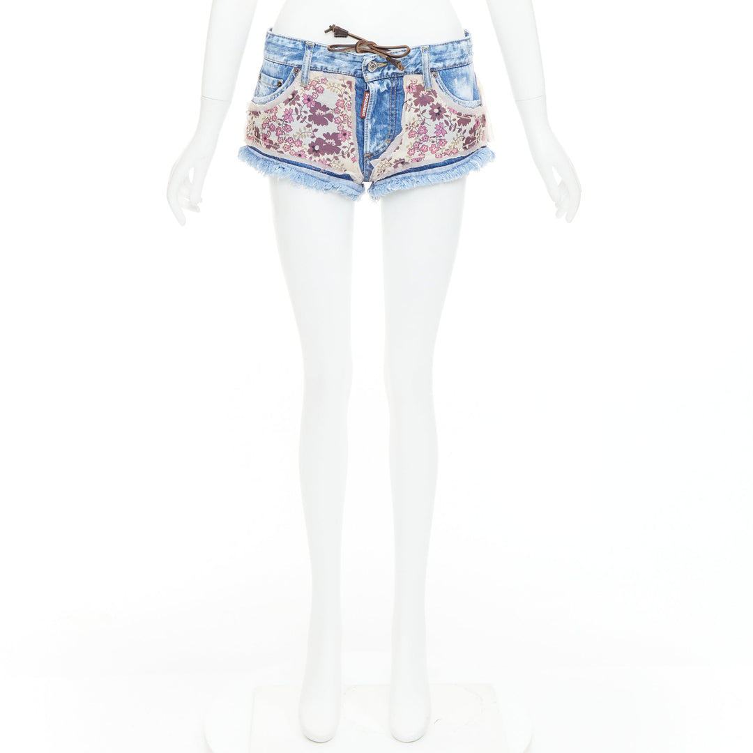 DSQUARED2 pink floral patch blue denim logo cut off mini shorts IT38 XS