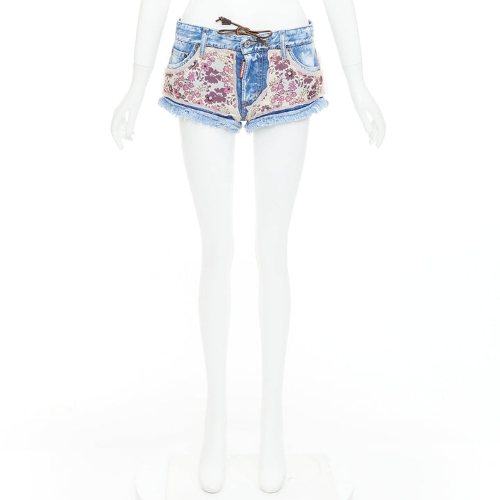 DSQUARED2 pink floral patch blue denim logo cut off mini shorts IT38 XS