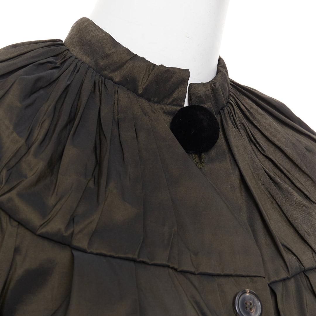 LANVIN 2006 olive green silk blend ruched rib contrast blouse overshirt FR36 S
