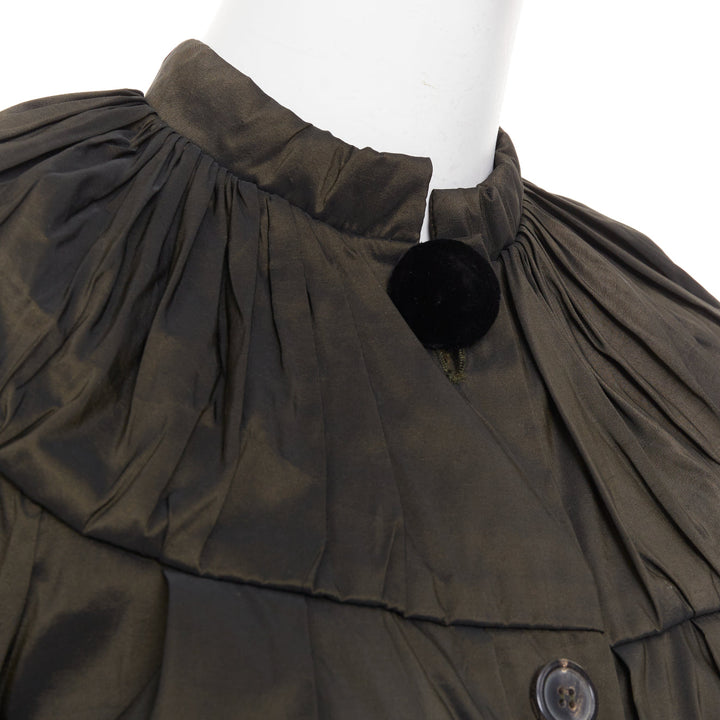 LANVIN 2006 olive green silk blend ruched rib contrast blouse overshirt FR36 S