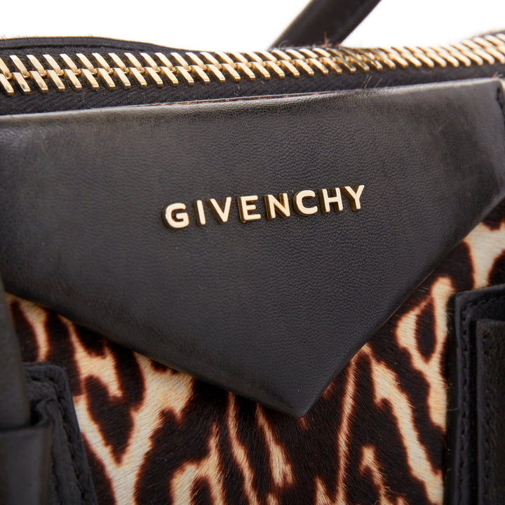 GIVENCHY Antigona brown leopard print calf skin silver logo top handle bag