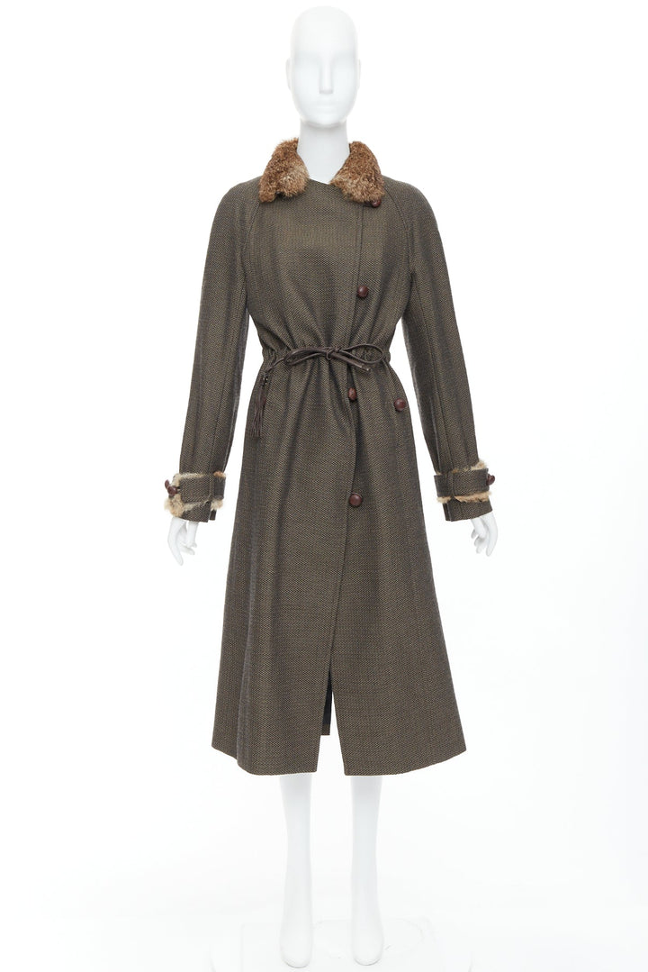 YVES SAINT LAURENT Vintage brown wool tweed fur trim maxi coat FR36 S