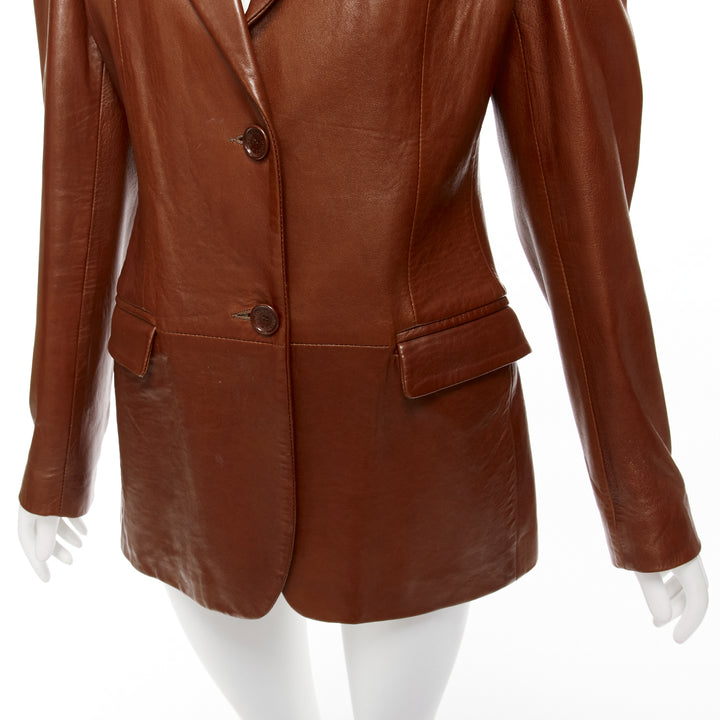 DOLCE GABBANA 1990s Vintage brown real leather pocketed blazer jacket UK8 S