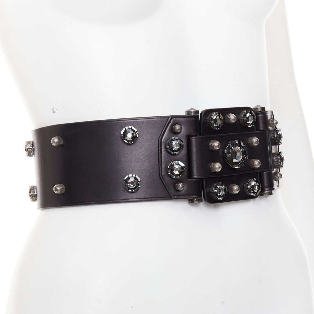 LANVIN black calfskin leather crystal embellished panelled statement belt S