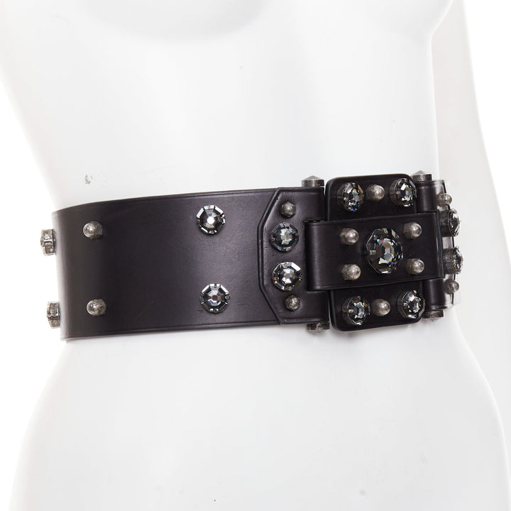 LANVIN black calfskin leather crystal embellished panelled statement belt S