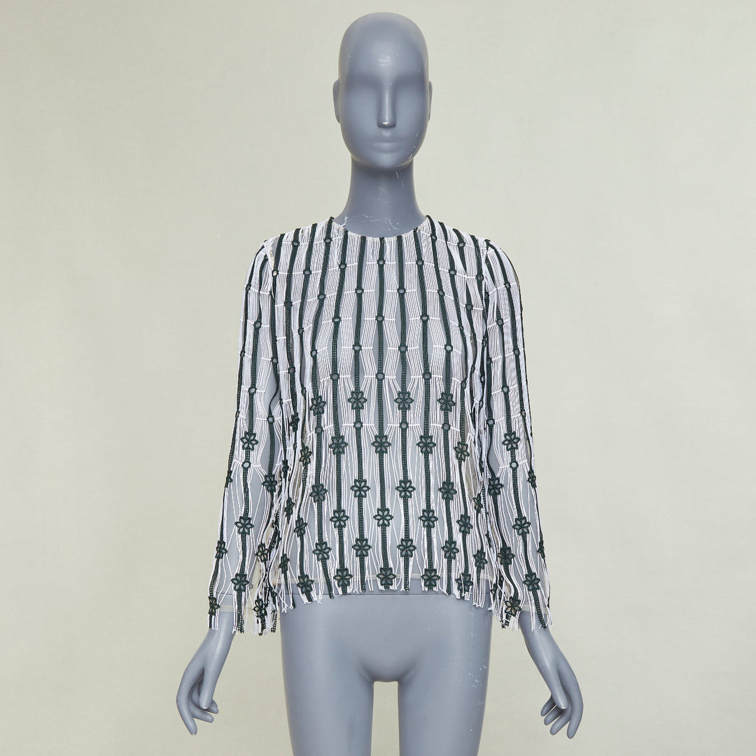 DIOR 2016 black white striped floral embroidered lace fringe blouse top FR36 S