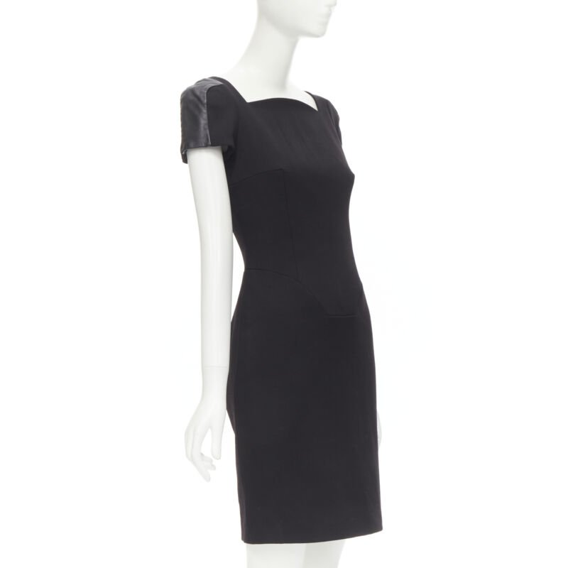 VERSACE square neckline leather cap sleeve bodycon seam sheath dress IT38 XS