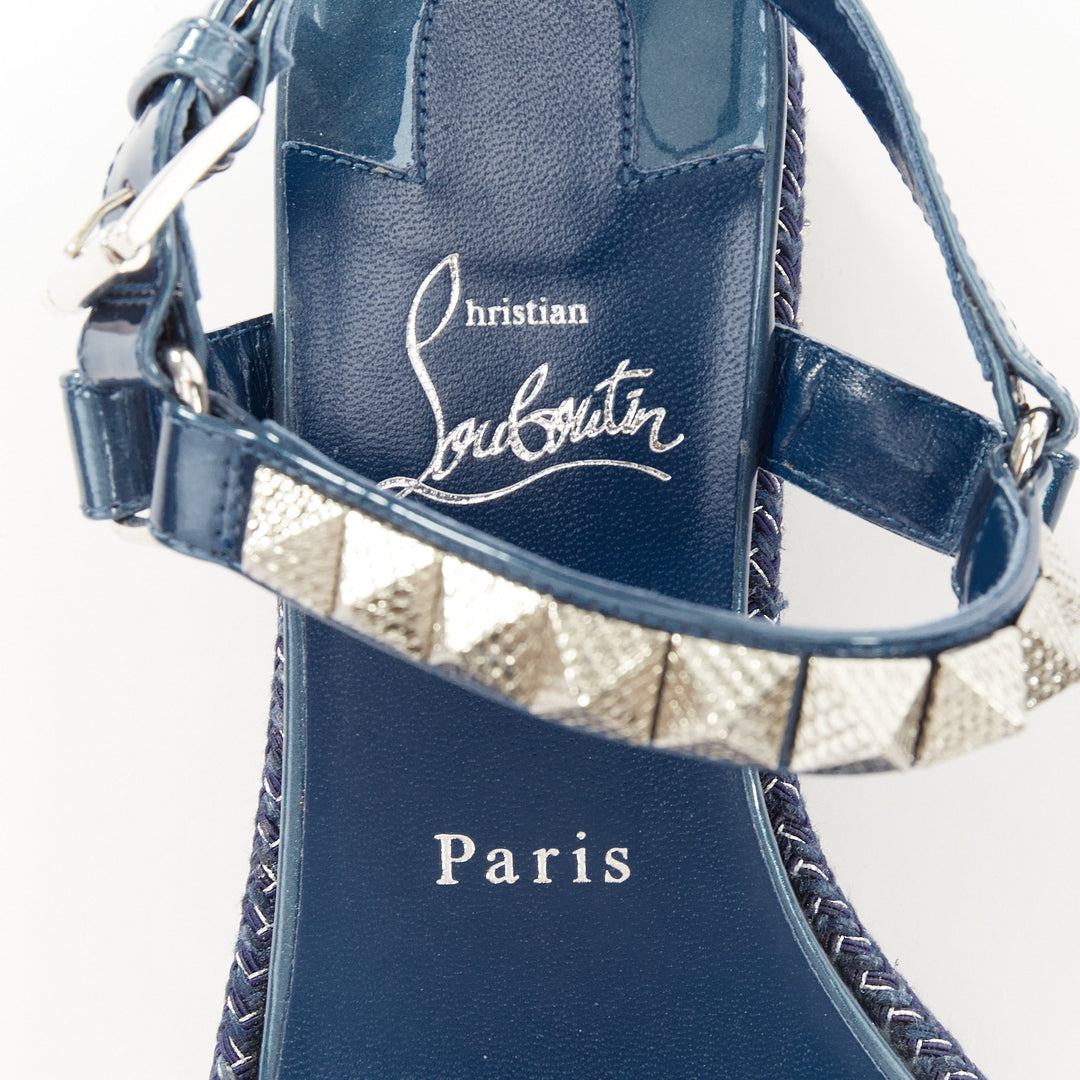 CHRISTIAN LOUBOUTIN Pyraclou 60 denim blue spikes platform wedges EU38