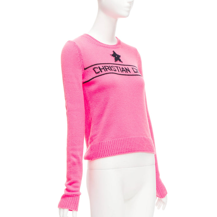 CHRISTIAN DIOR 2022 100% cashmere pink star logo long sleeve sweater FR34 XXS