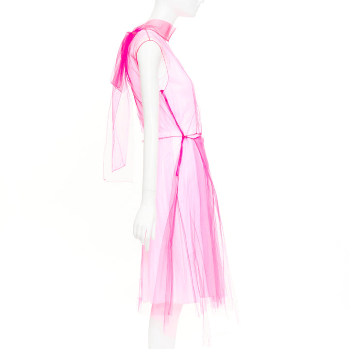 PRADA 2018 Runway Neon Technical  Tulle Abito pink rubber logo dress IT38 XS