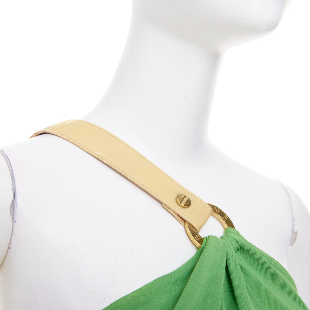 CELINE 2002 Runway horn ring green leather asymmetric shoulder halter top FR36 S