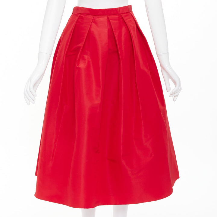 TIBI red 100% silk taffeta pleated high waist A-line flared midi skirt US 2 S