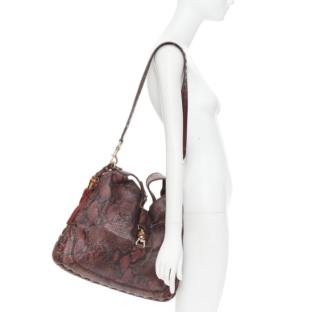 GUCCI Jackie Hobo dark red scaled leather bamboo horsebit crossbody satchel
