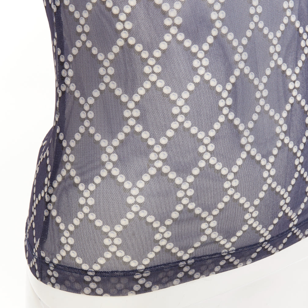 DRIES VAN NOTEN navy blue pearl diamond print high neck sheer top S