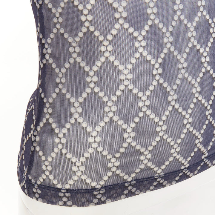 DRIES VAN NOTEN navy blue pearl diamond print high neck sheer top S