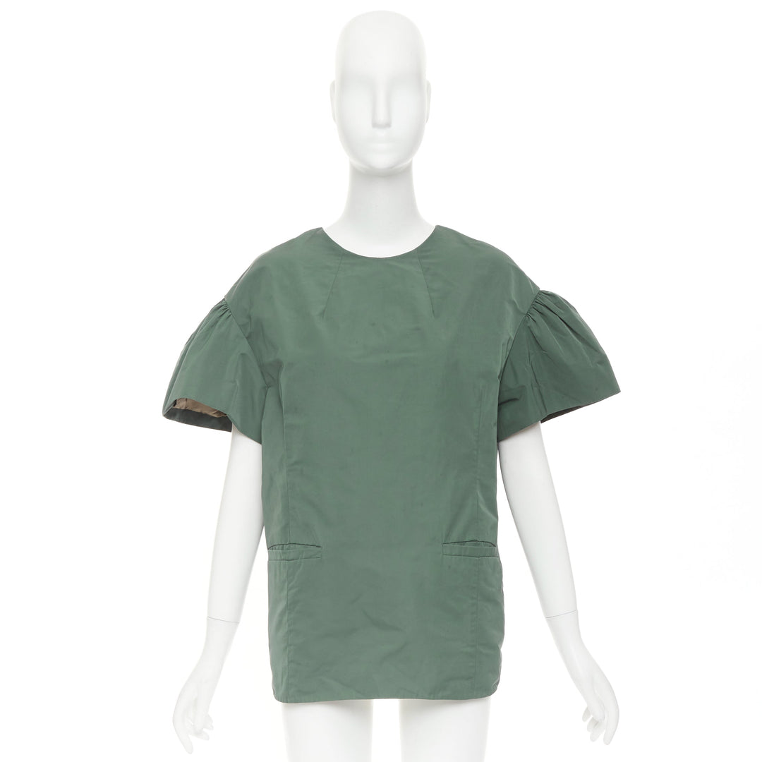 DRIES VAN NOTEN 2017 Runway green taffeta darted neck flutter sleeve top FR36 S
