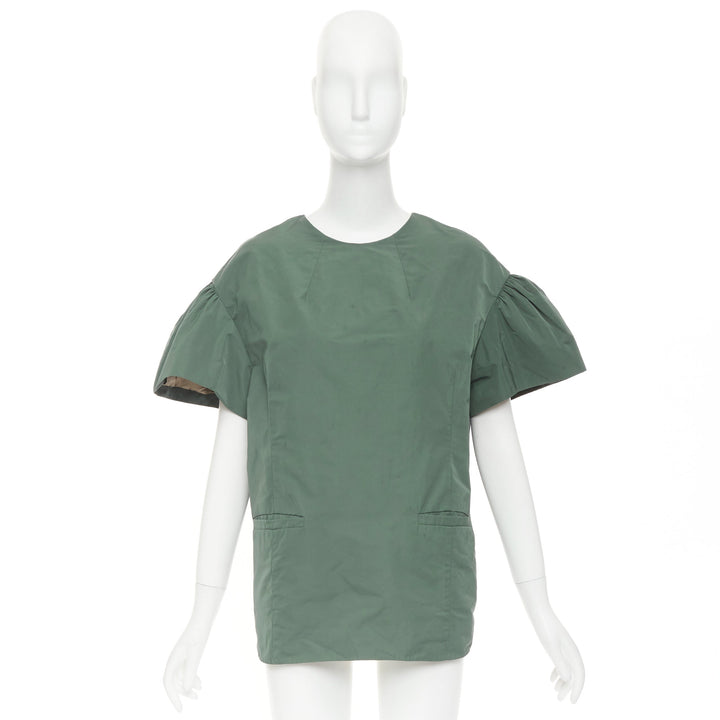 DRIES VAN NOTEN 2017 Runway green taffeta darted neck flutter sleeve top FR36 S