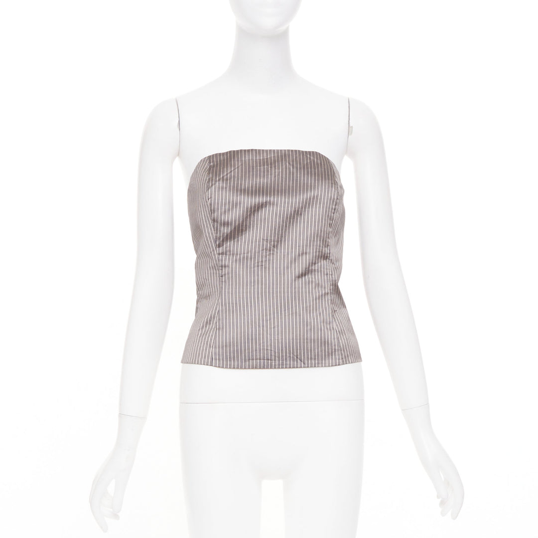 EMPORIO ARMANI Vintage brown pinstripe silk woven strapless bustier top IT38 XS