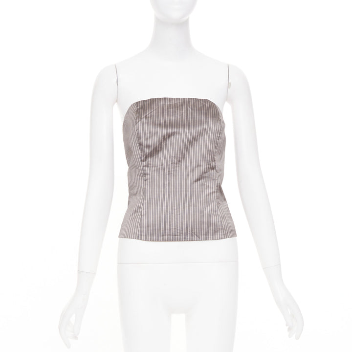 EMPORIO ARMANI Vintage brown pinstripe silk woven strapless bustier top IT38 XS