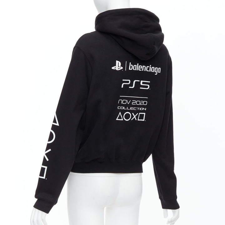 BALENCIAGA Demna 2021 black cotton white PS5 logo print hoodie L