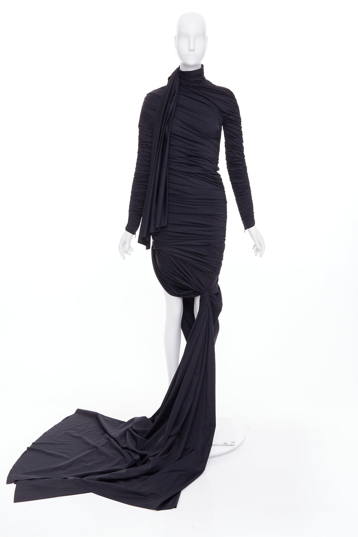 BALENCIAGA Demna 2021 Runway black gathered knot draped long train gown FR36 S