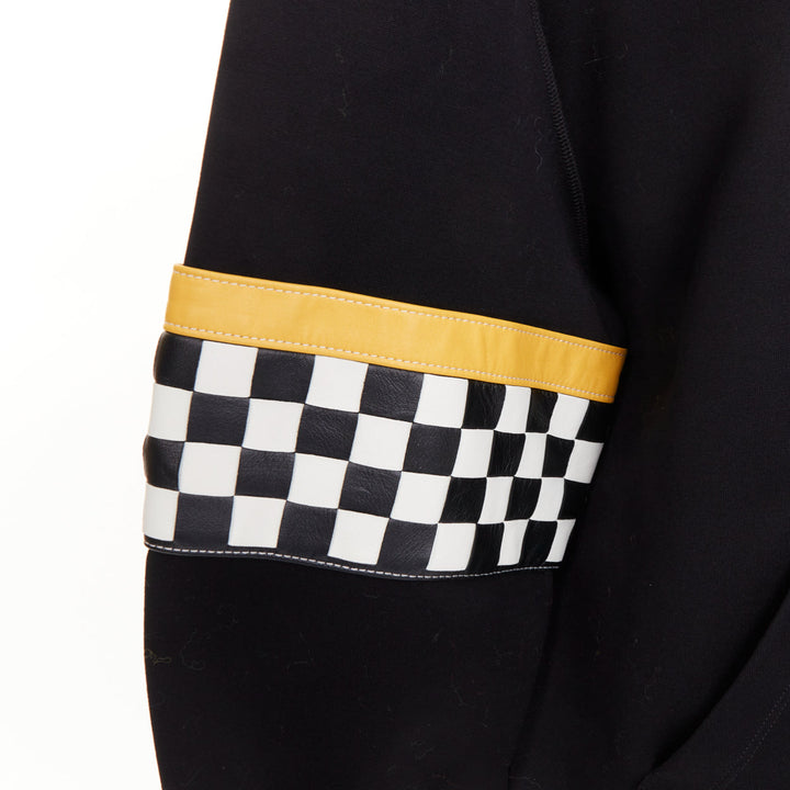 MIU MIU 2021 black yellow checkerboard woven leather sleeves Race Car hoodie S
