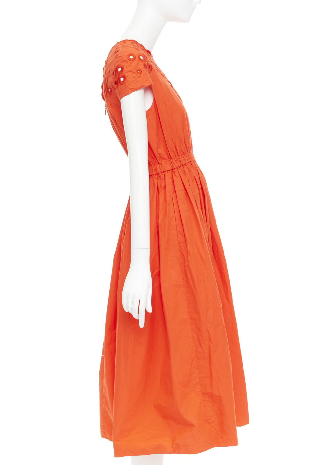 FENDI orange poplin embroidered eyelets ruched cap sleeve sundress