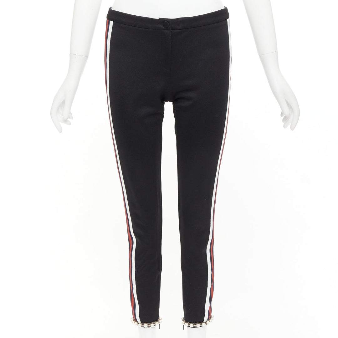 GUCCI black red pearl embellished hem webbing trims jogger pants S