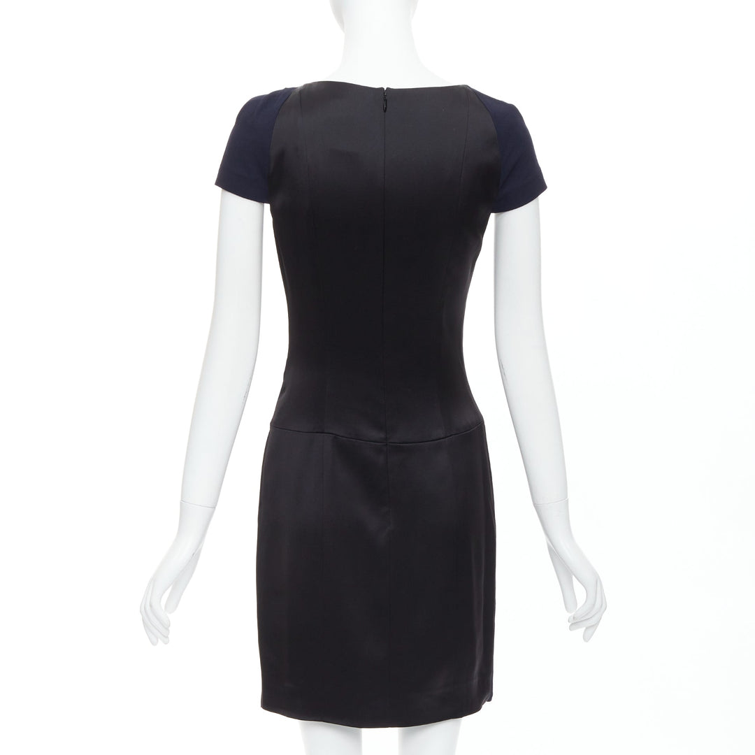 CHANEL navy black rayon wool blend draped pleated shift dress FR36 S