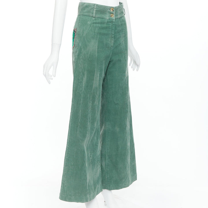 GUCCI green corduroy butterfly embroidery wide flare trousers IT40 S