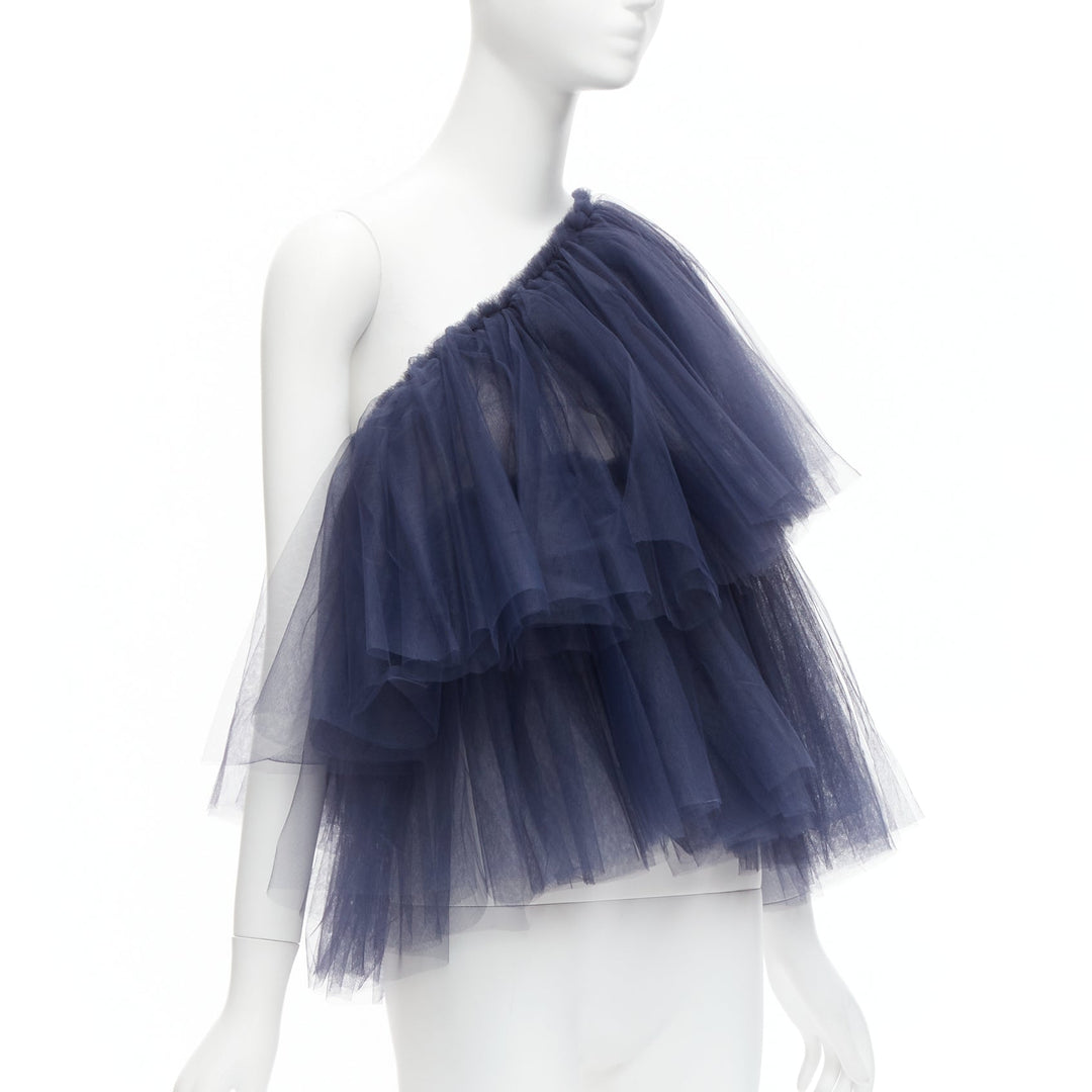 MOLLY GODDARD navy blue black layered cascade tulle one shoulder top