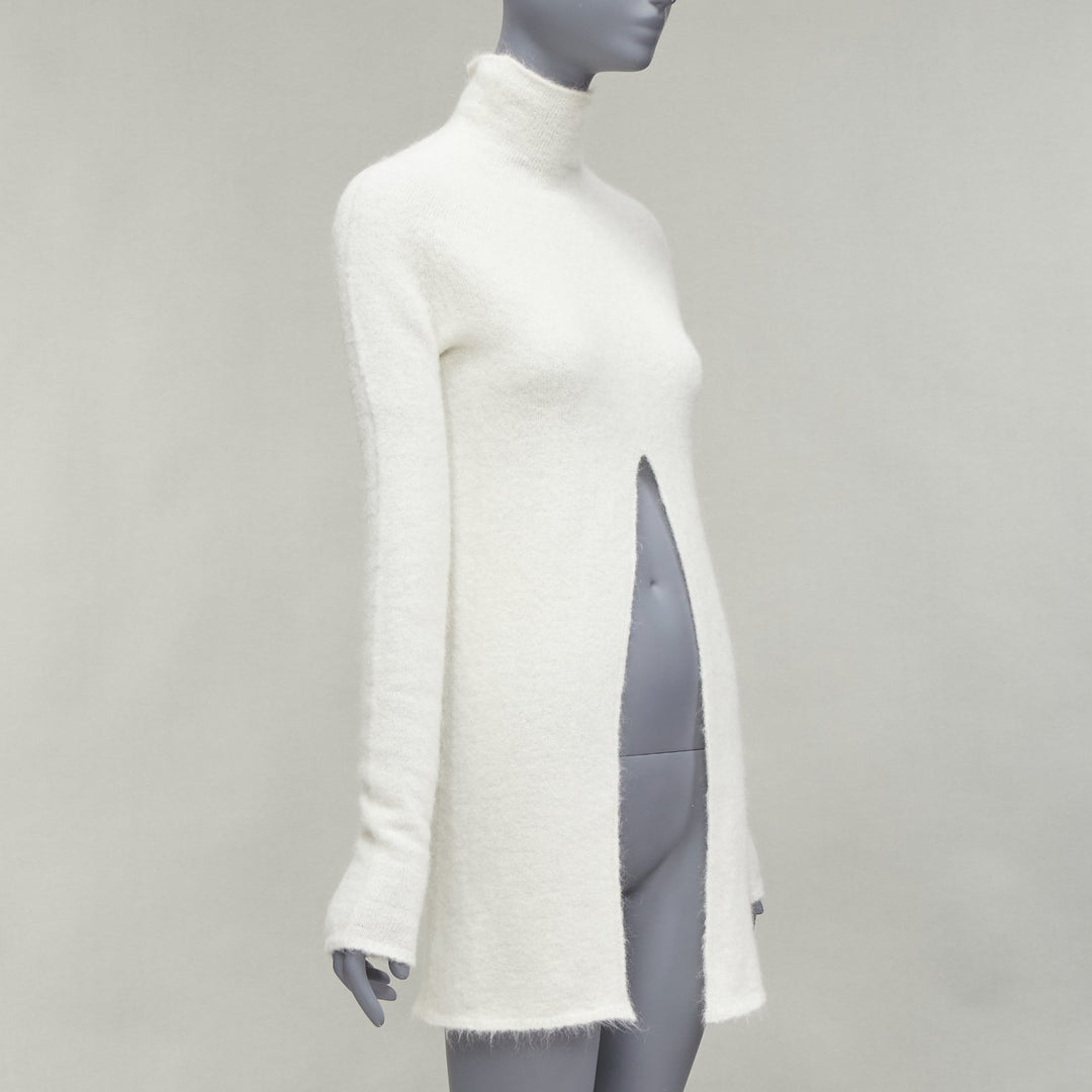 JIL SANDER 2020 white mohair virgin wool split front high neck sweater FR34 XS