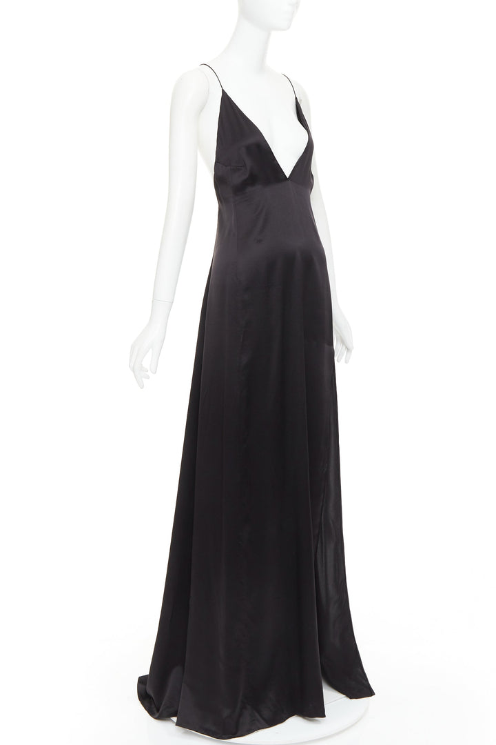 SAINT LAURENT 2022 black 100% silk plunge V neck open back high slit gown FR38 M
