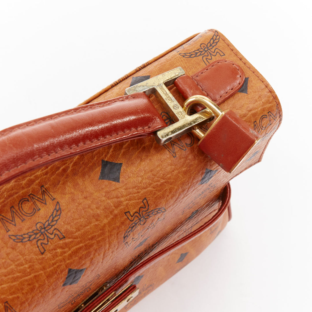 MCM Vintage Kelly cognac brown Visetos monogram GHW turnlock top handle handbag
