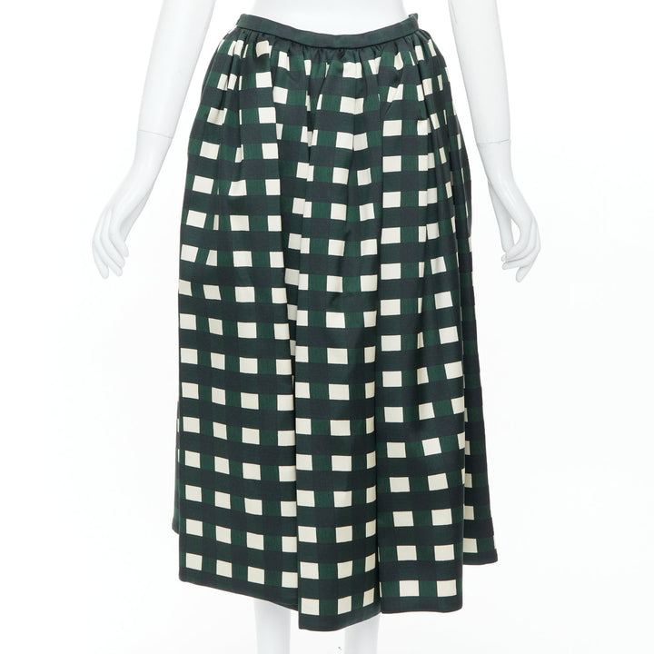 PRADA 2022 Runway green cream check print silk wool full midi skirt IT40 S