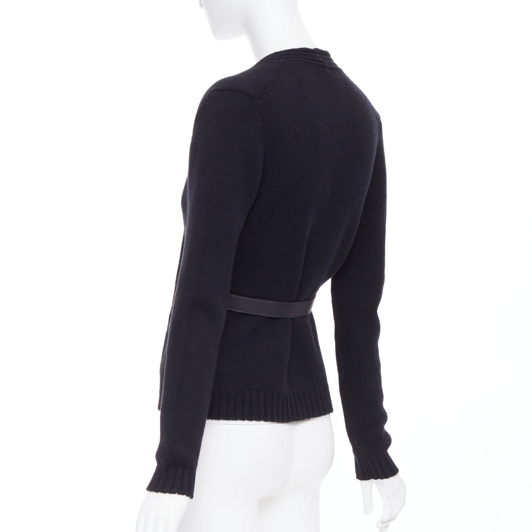HERMES black 100% cashmere lambskin leather belted knit cardigan FR34 XS