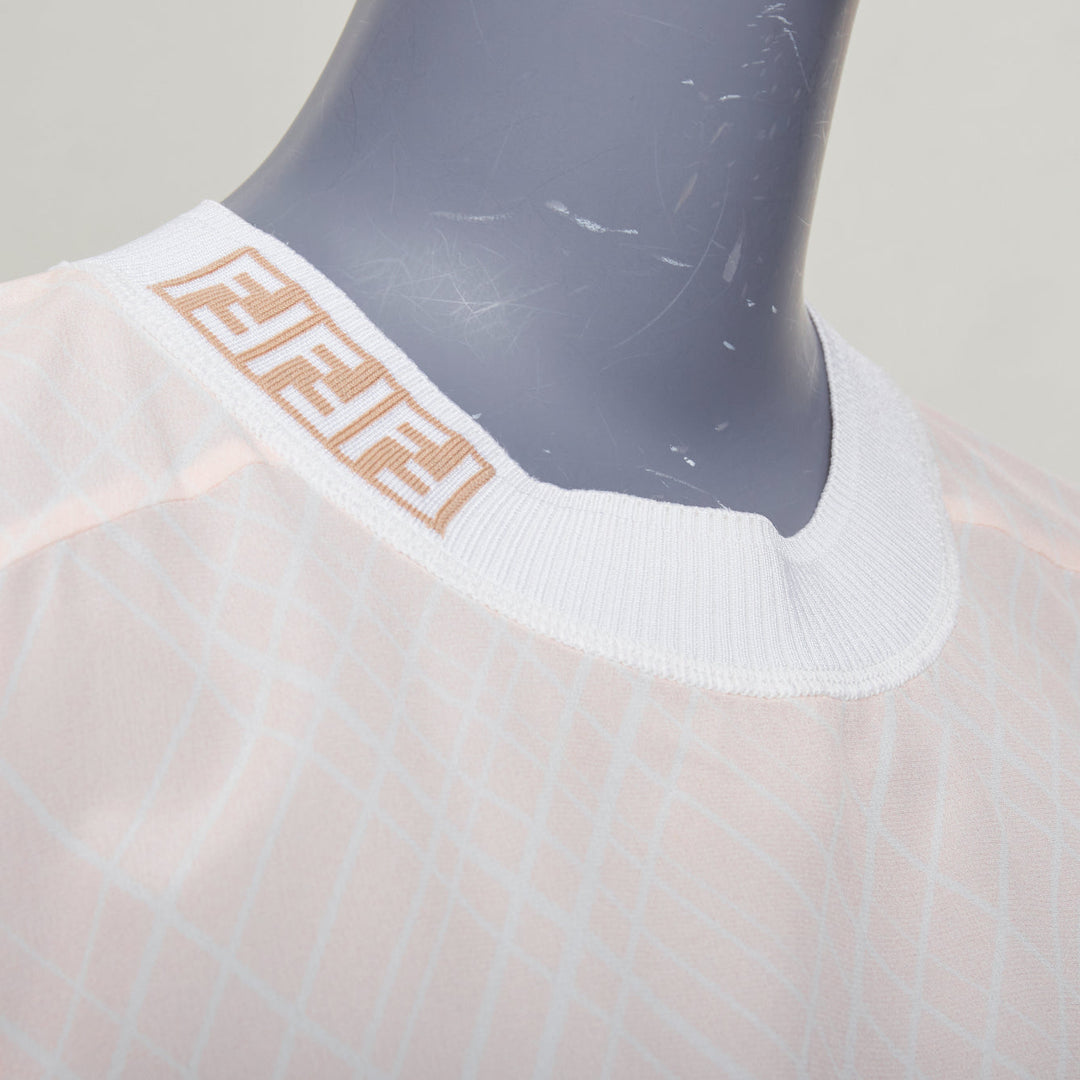 FENDI pink silky nude FF monogram crew collar diamond checked short sleeve top
