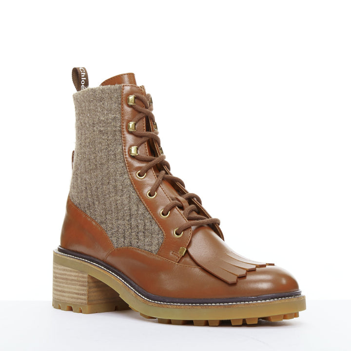 CHLOE Franne khaki fabric trimmed brown combat ankle boots EU40