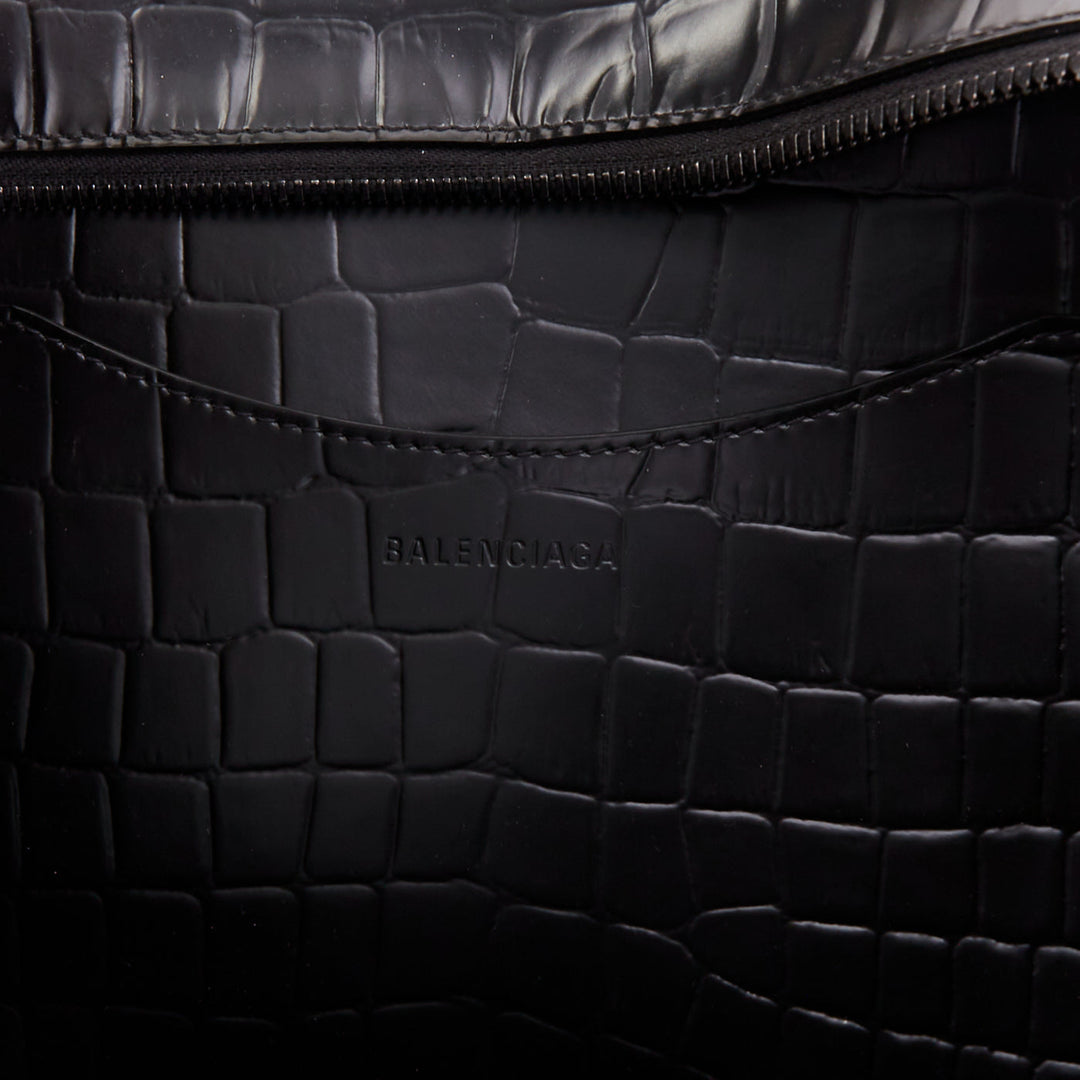 BALENCIAGA 2021 Neo Classic City black matte croc embossed leather satchel bag