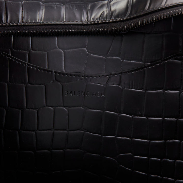 BALENCIAGA 2021 Neo Classic City black matte croc embossed leather satchel bag