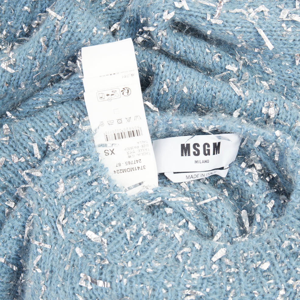 MSGM 2023 misty blue silver metallic foil speckle crewneck sweater XS