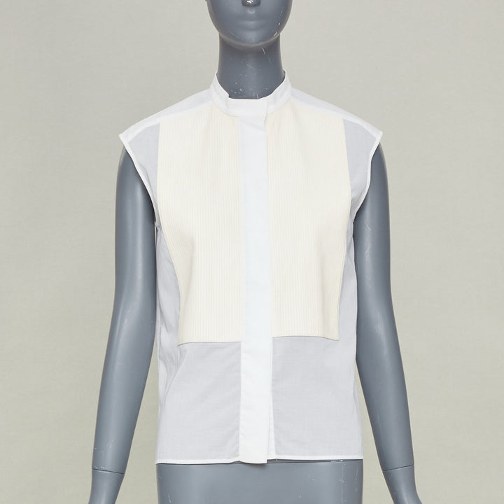 HERMES white pleated lambskin leather bib hidden button sheer cotton top FR34 XS
