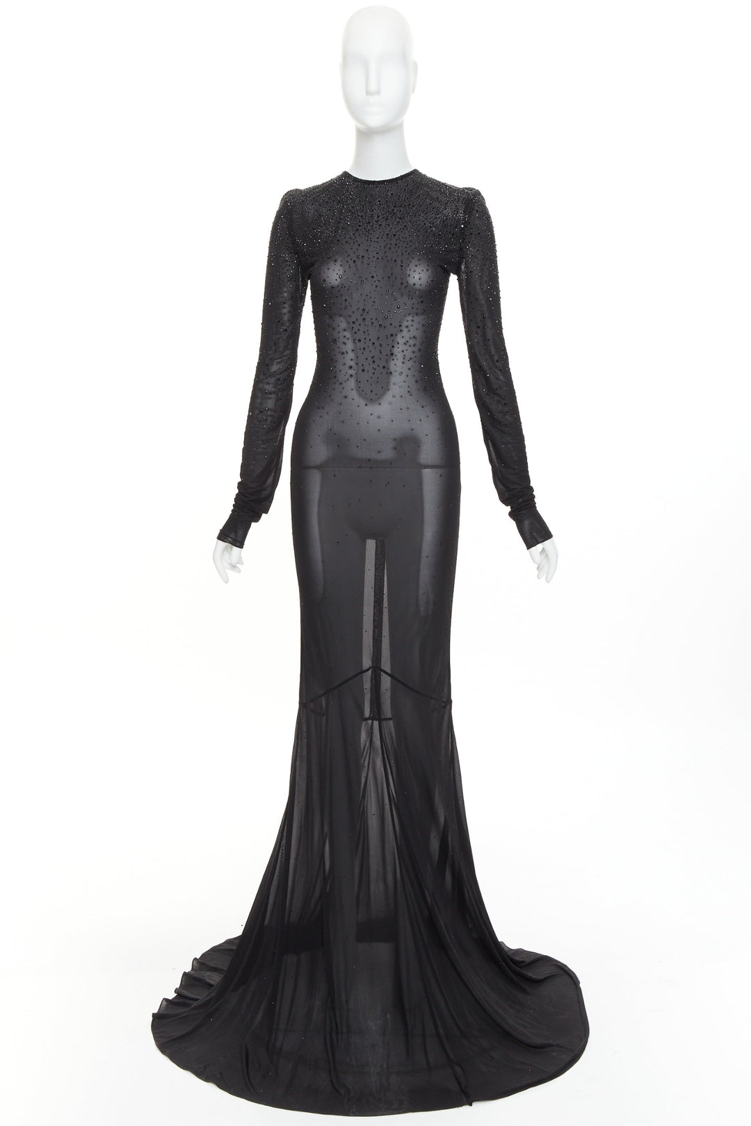 ALEXANDRE VAUTHIER black sheer degrade crystal long sleeve long train gown dress