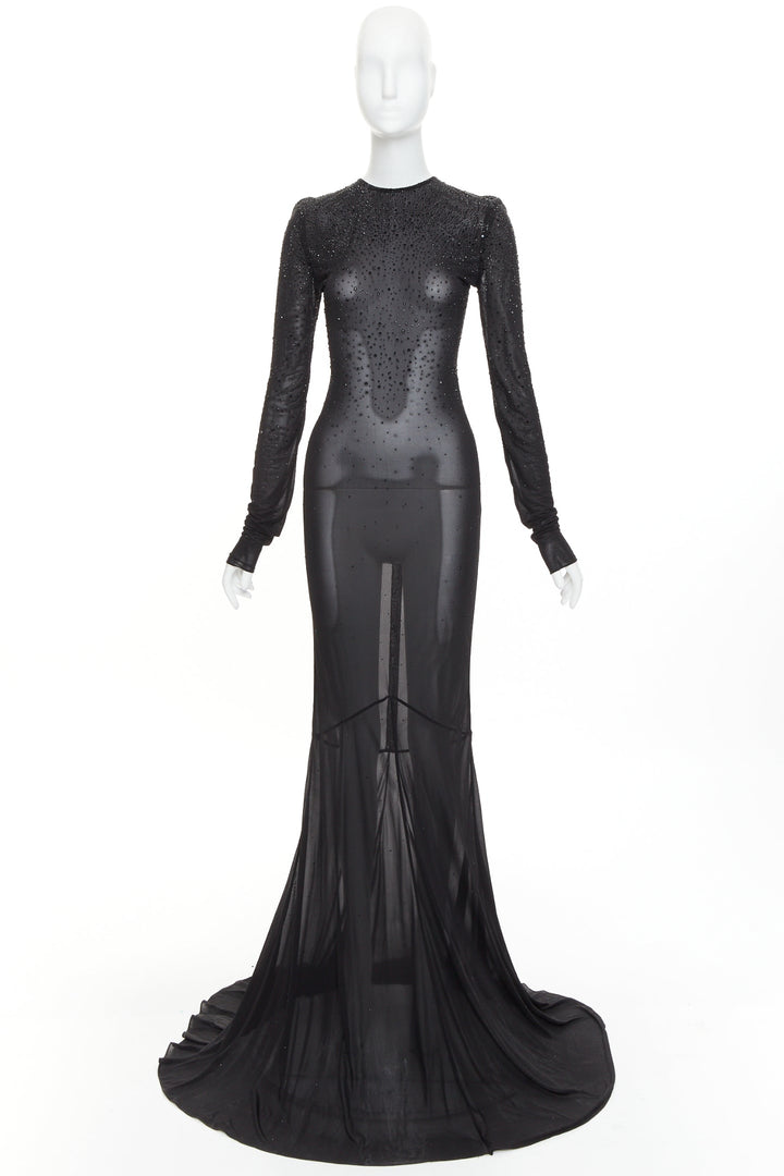 ALEXANDRE VAUTHIER black sheer degrade crystal long sleeve long train gown dress