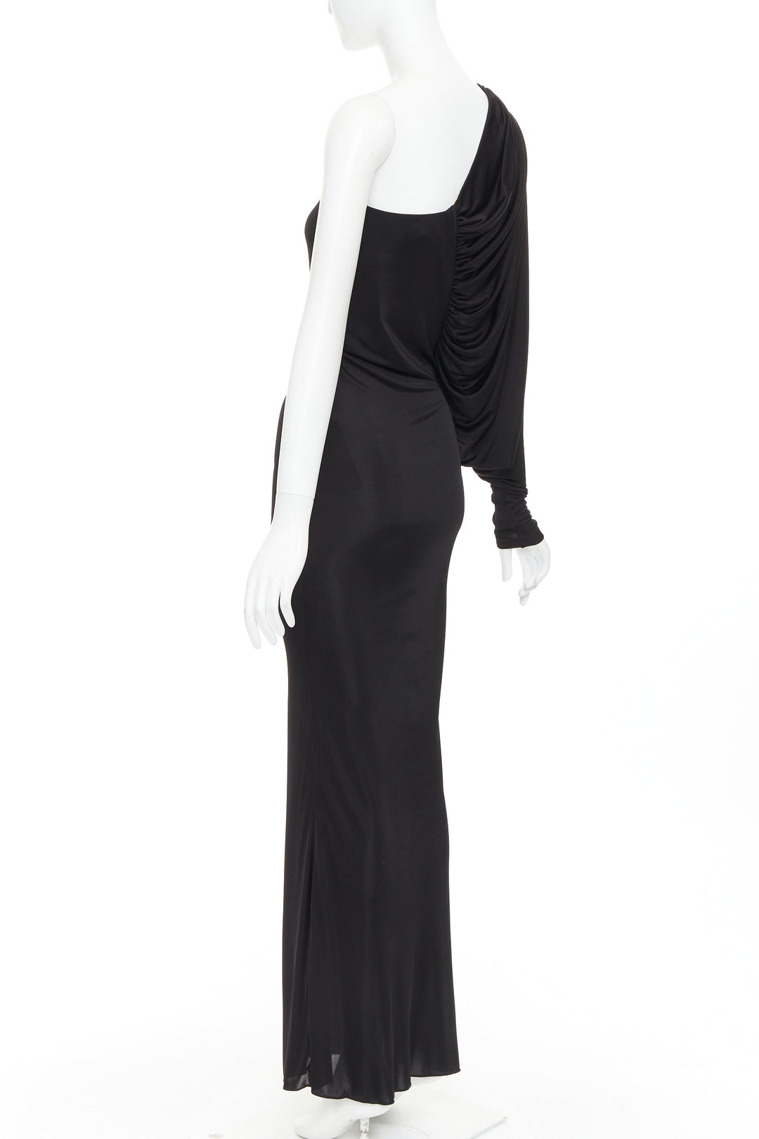 SAINT LAURENT 2023 black viscose jersey ruched one sleeve dress gown FR40 L