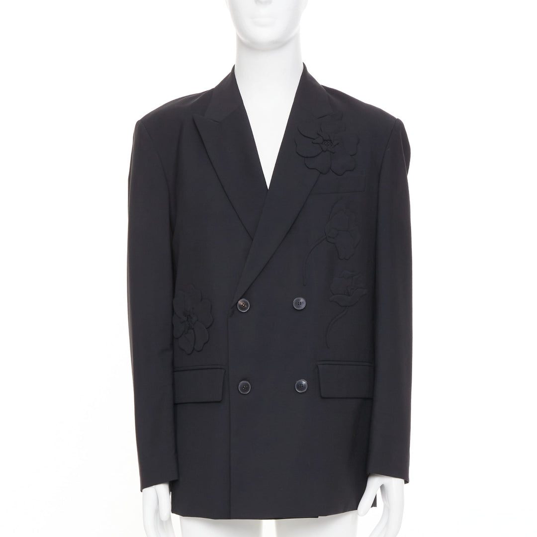 VALENTINO black floral applique double breasted virgin wool blazer jacket IT46 S