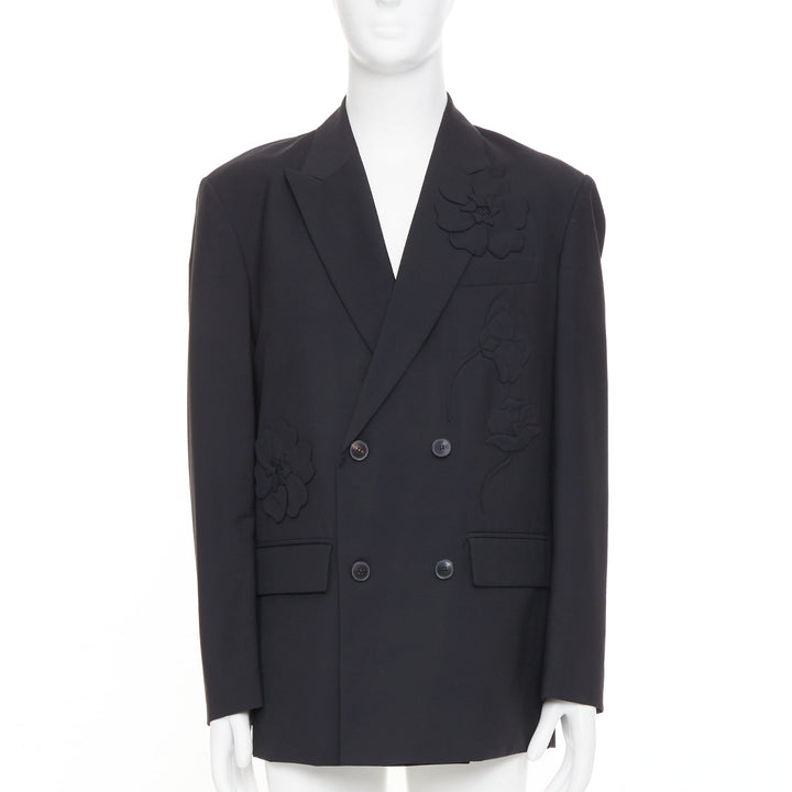 VALENTINO black floral applique double breasted virgin wool blazer jacket IT46 S